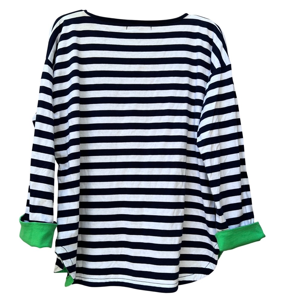 American Living Womens Navy White Striped Long Sleeve Cotton Top‎ Green Trim M - Picture 2 of 4